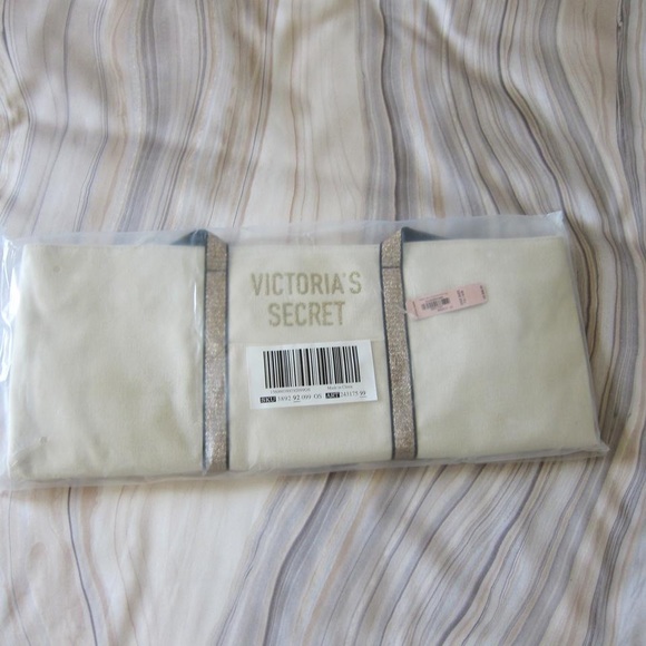 NWT VS Sparkle Zip Top Carryall Beige Canvas Tote - Picture 2 of 6